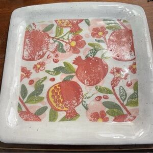 Handmade Clay Square Plate with Pomegranate - Transferware-9.5”